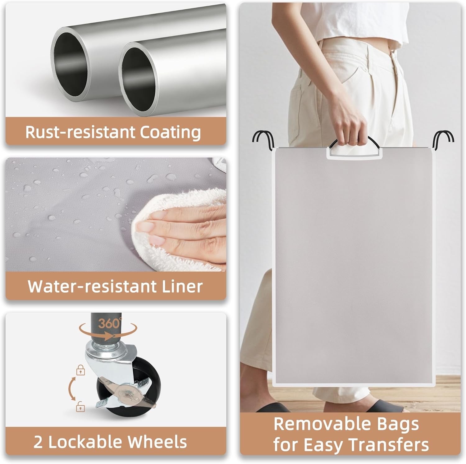 Laundry Sorter 4 Section, 47.5 Gal (180 L) Laundry Hamper with Wheels, Clothes Divider Basket Sorter, Clothes Separator Hamper Cart with Wheels and Removable Bags, Gray