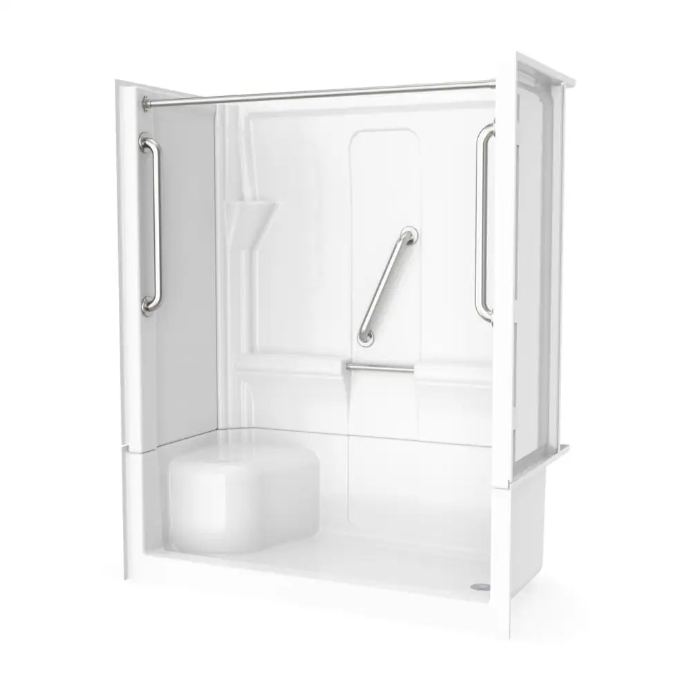 Almedia 4 -Piece 30-In W X 60-In L X 74-In H Rectangle Alcove Shower Kit ( Right Drain) with Integrated Seat Base and Wall Drain and Brushed Stainless Steel Hardware Included