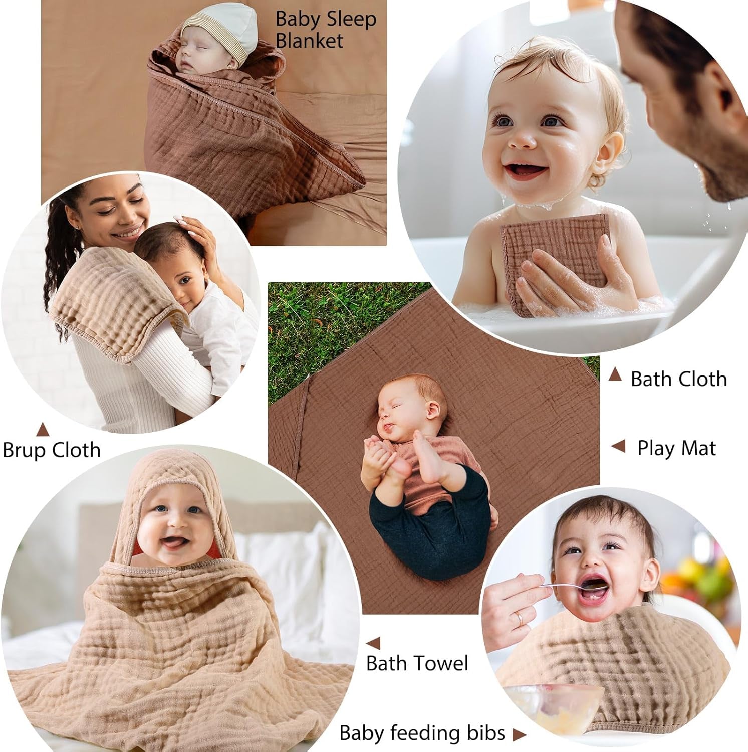 6 Pcs Baby Muslin Hooded Bath Towels and Washcloths Muslin Cotton Hooded Baby Towels Absorbent Blankets for Gift Newborn Infant Shower (32 X 32 Inch,Brown,Coffee)