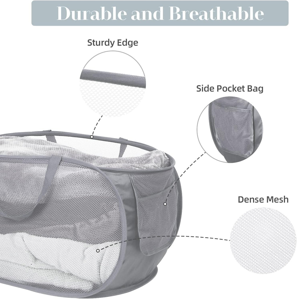 Durable Collapsible Laundry Baskets, Mesh Pop up Laundry Hamper with Side Pocket, Foldable Clothes Storage Hamper with Reinforced Carry Handles for Laundry, Bathroom, Kids Room, Dorm or Travel Grey