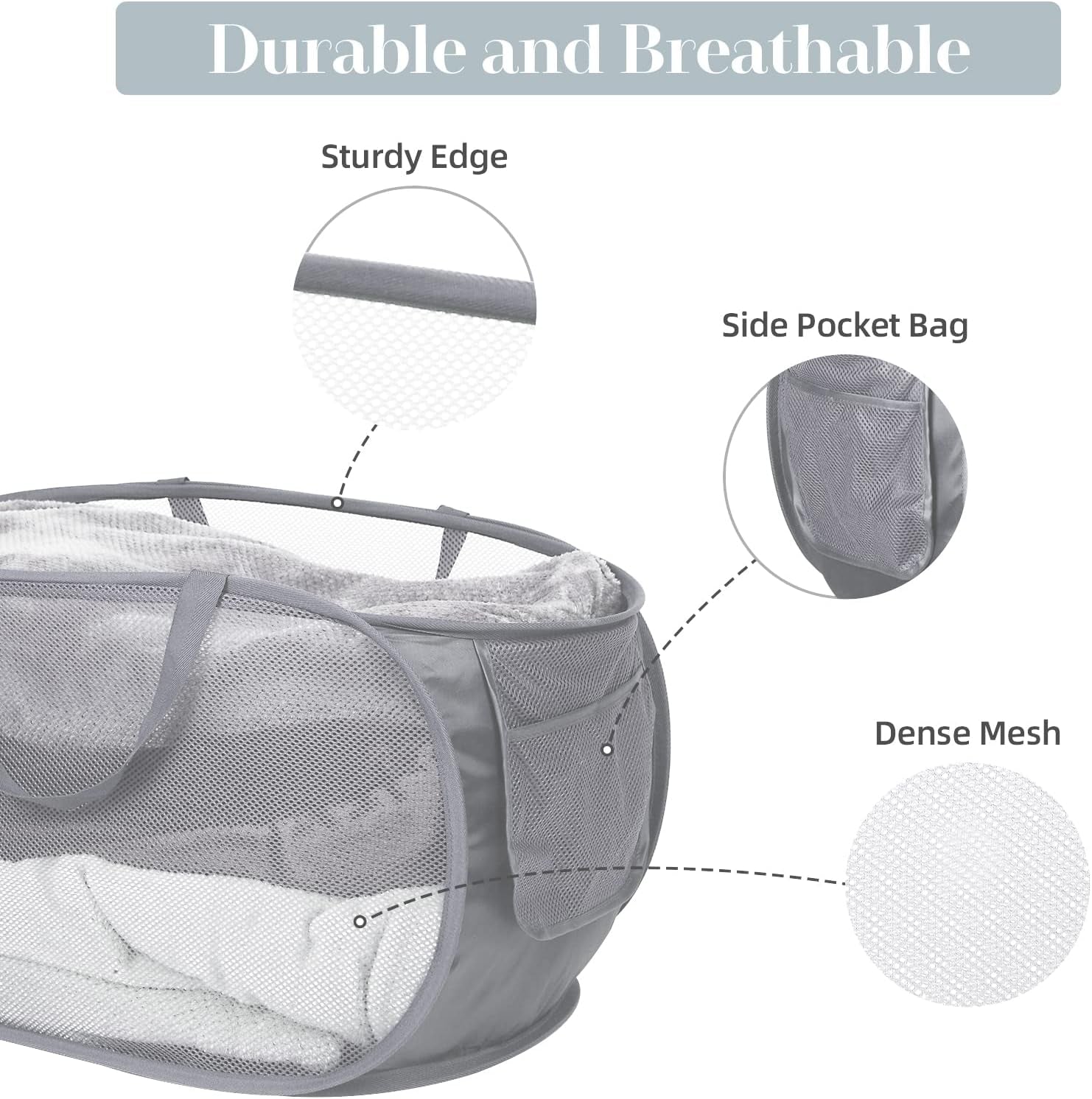 Durable Collapsible Laundry Baskets, Mesh Pop up Laundry Hamper with Side Pocket, Foldable Clothes Storage Hamper with Reinforced Carry Handles for Laundry, Bathroom, Kids Room, Dorm or Travel Grey