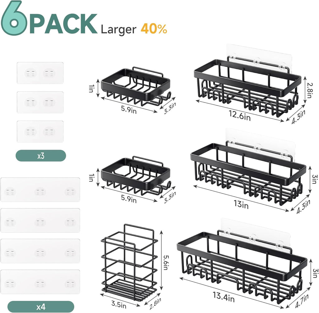 Shower Caddy 6-Pack, Advanced Rustproof Design, No Drilling Adhesive Shelves, Rack with Soap Holder, Large Capacity Bathroom Organizers and Storage, Wall-Mounted Kitchen & Home Decor
