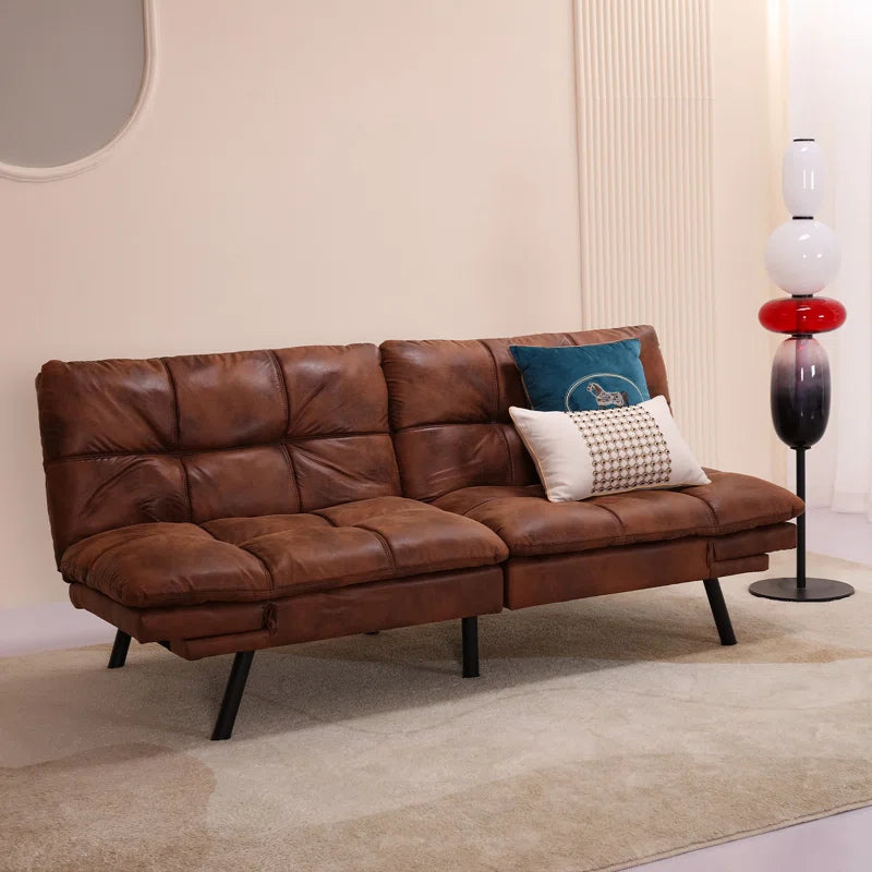 71" Mid Century Modern Leather Convertible Futon Twin Size with Adjustable Arms