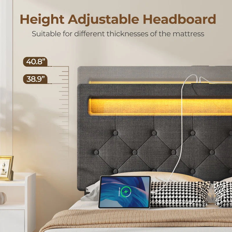 Upholstered Storage Bed with Adjustable Headboard, LED Lights and USB Power Strips