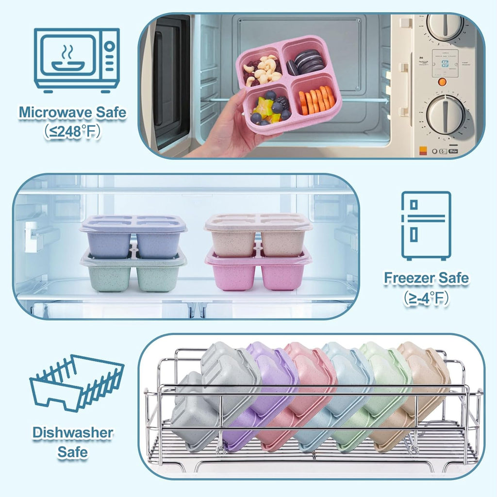 4 Pack Snack Containers, Divided Bento Snack Box, 4 Compartments Reusable Meal Prep Lunch Containers for Kids Adults, Food Storage Containers for School Work Travel