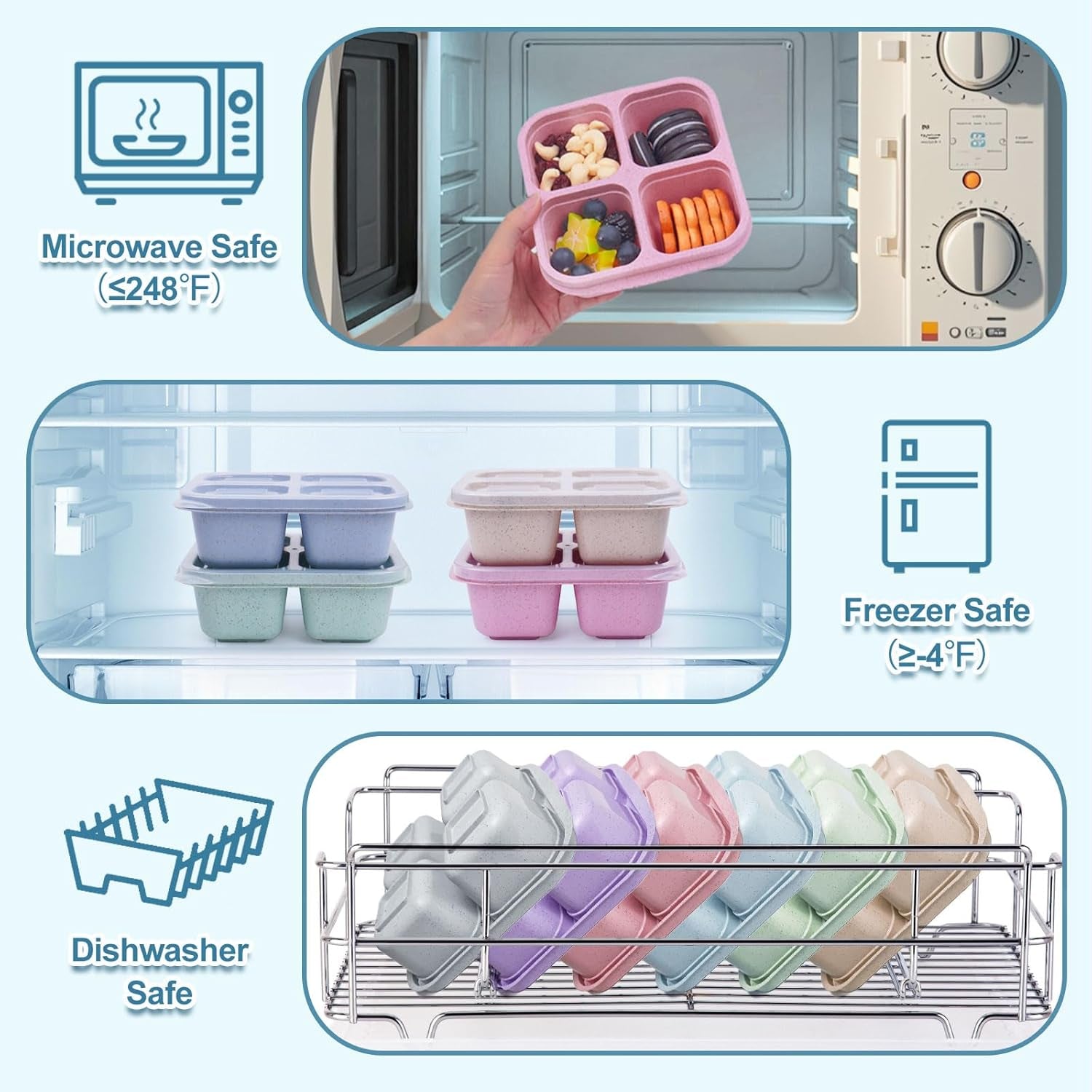 4 Pack Snack Containers, Divided Bento Snack Box, 4 Compartments Reusable Meal Prep Lunch Containers for Kids Adults, Food Storage Containers for School Work Travel