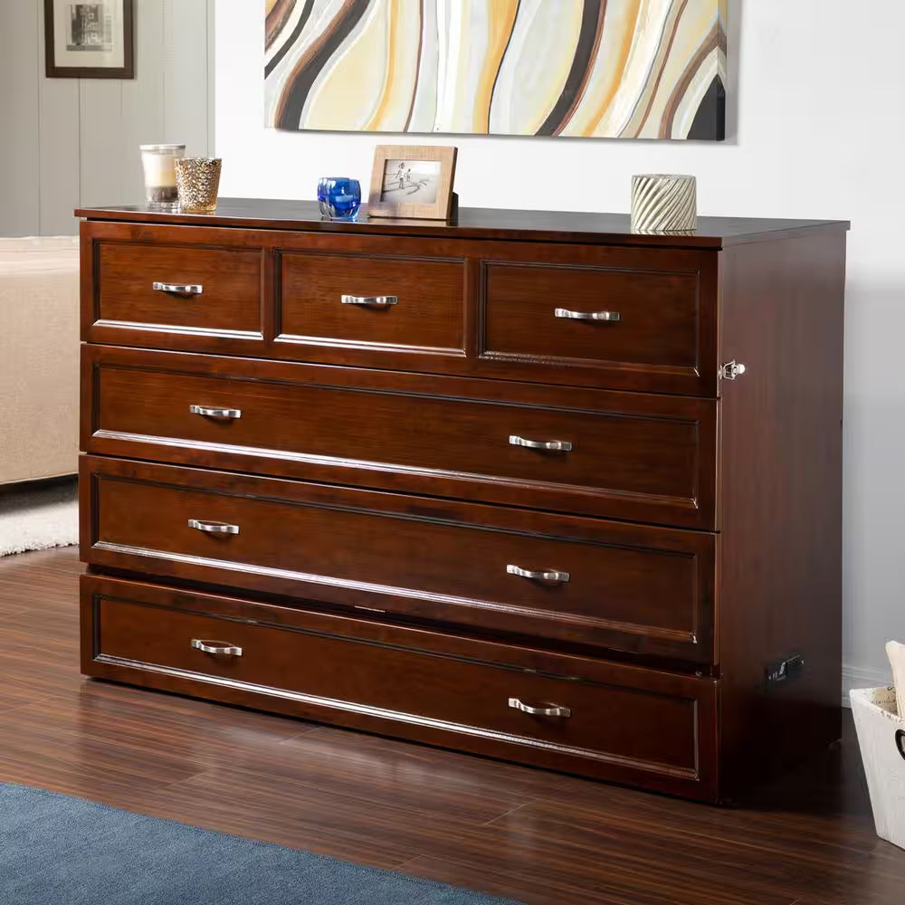 Deerfield Walnut Brown Wood Frame Queen Murphy Bed Chest with 6 In. Mattress, Storage Drawer and Built-In Charger