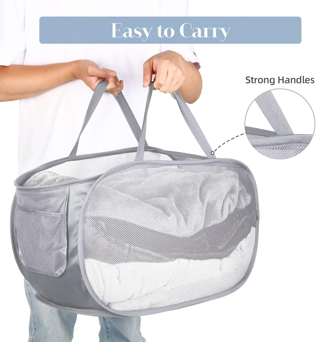 Durable Collapsible Laundry Baskets, Mesh Pop up Laundry Hamper with Side Pocket, Foldable Clothes Storage Hamper with Reinforced Carry Handles for Laundry, Bathroom, Kids Room, Dorm or Travel Grey