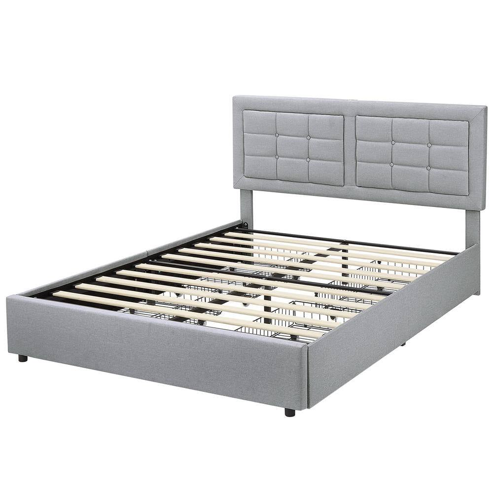 Upholstered Bed with 4-Drawers, Full Bed Frame, Light Gray Platform Bed with Headboard, Built-In USB and Type C Ports