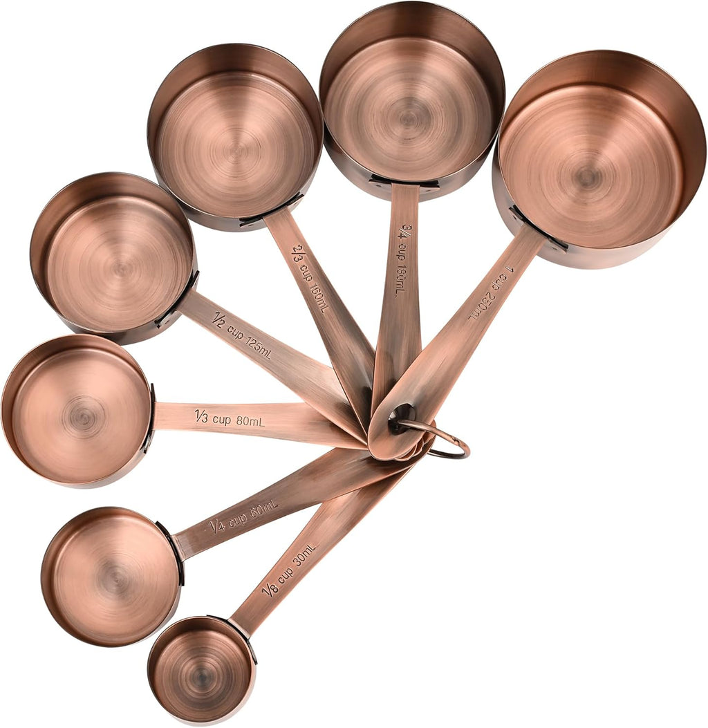 Copper Measuring Cups and Spoons Set of 18, 7 Measuring Cups, 9 Measuring Spoons, Stainless Steel Measuring Spoons and Cups for Dry & Wet Ingredients during Kitchen & Baking