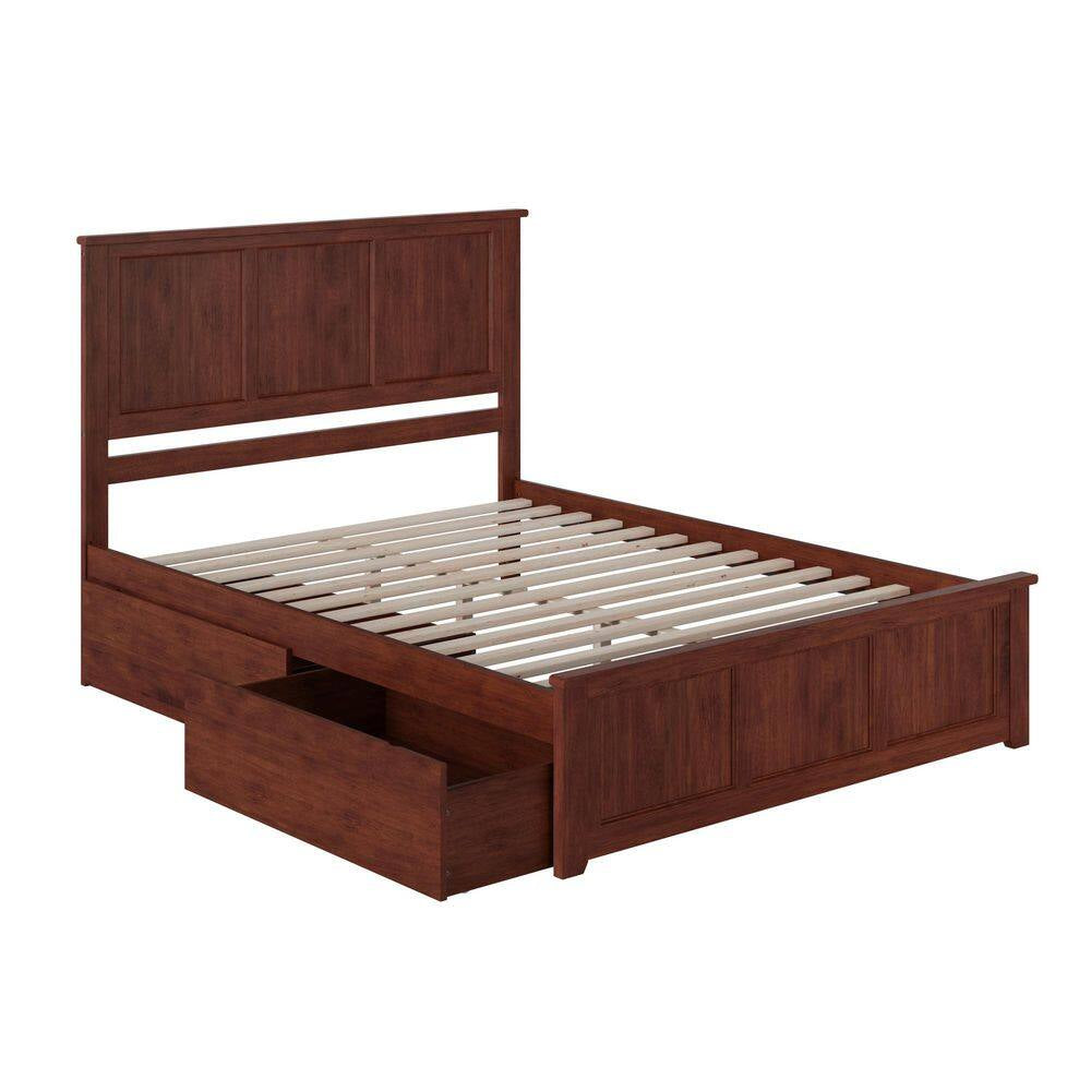 Madison Walnut Brown Solid Wood Frame Queen Platform Bed with Matching Footboard and Storage Drawers