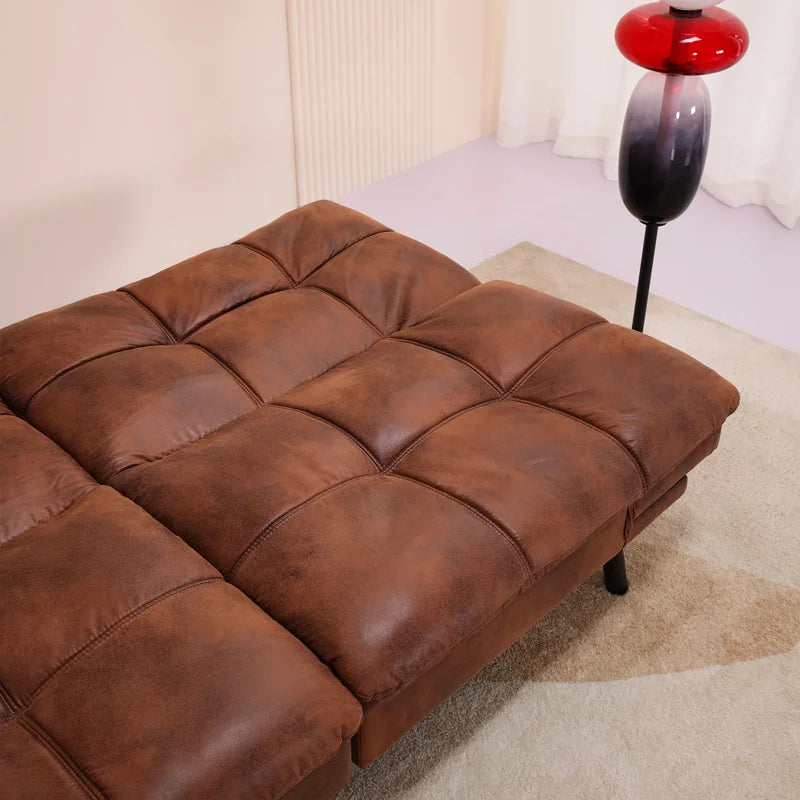 71" Mid Century Modern Leather Convertible Futon Twin Size with Adjustable Arms