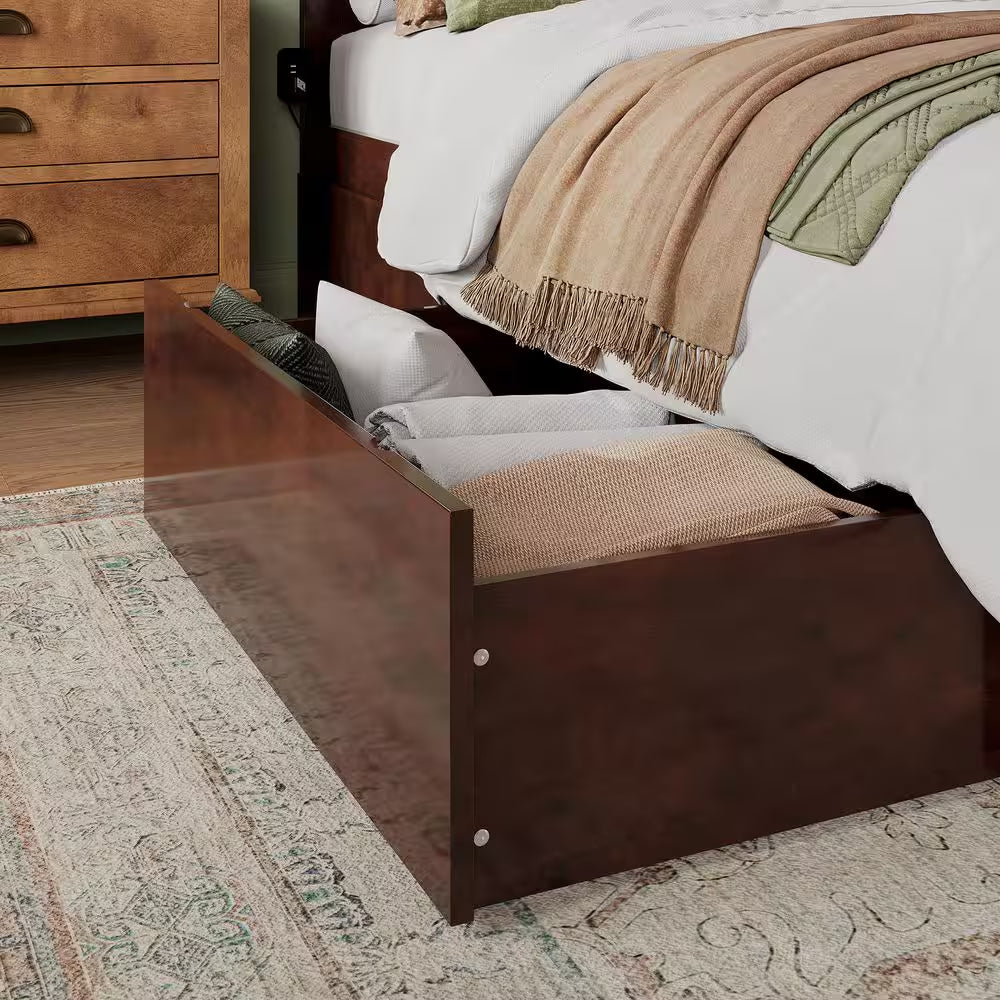 Madison Walnut Brown Solid Wood Frame Queen Platform Bed with Matching Footboard and Storage Drawers