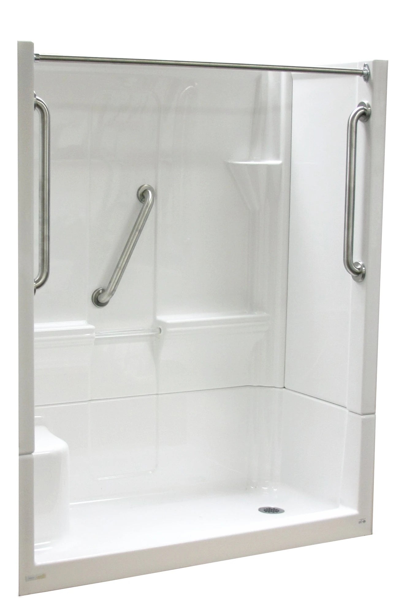 Almedia 4 -Piece 30-In W X 60-In L X 74-In H Rectangle Alcove Shower Kit ( Right Drain) with Integrated Seat Base and Wall Drain and Brushed Stainless Steel Hardware Included