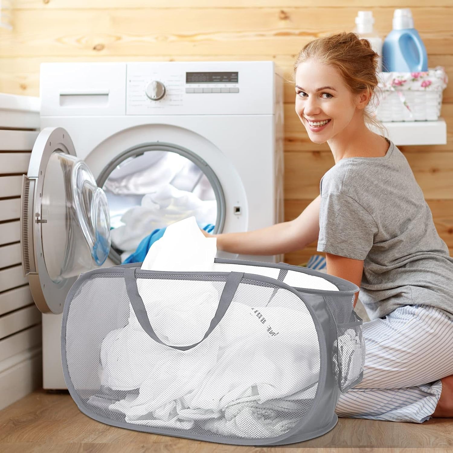 Durable Collapsible Laundry Baskets, Mesh Pop up Laundry Hamper with Side Pocket, Foldable Clothes Storage Hamper with Reinforced Carry Handles for Laundry, Bathroom, Kids Room, Dorm or Travel Grey