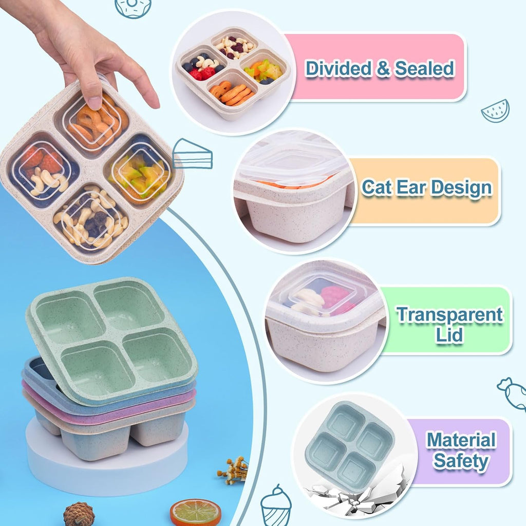 4 Pack Snack Containers, Divided Bento Snack Box, 4 Compartments Reusable Meal Prep Lunch Containers for Kids Adults, Food Storage Containers for School Work Travel
