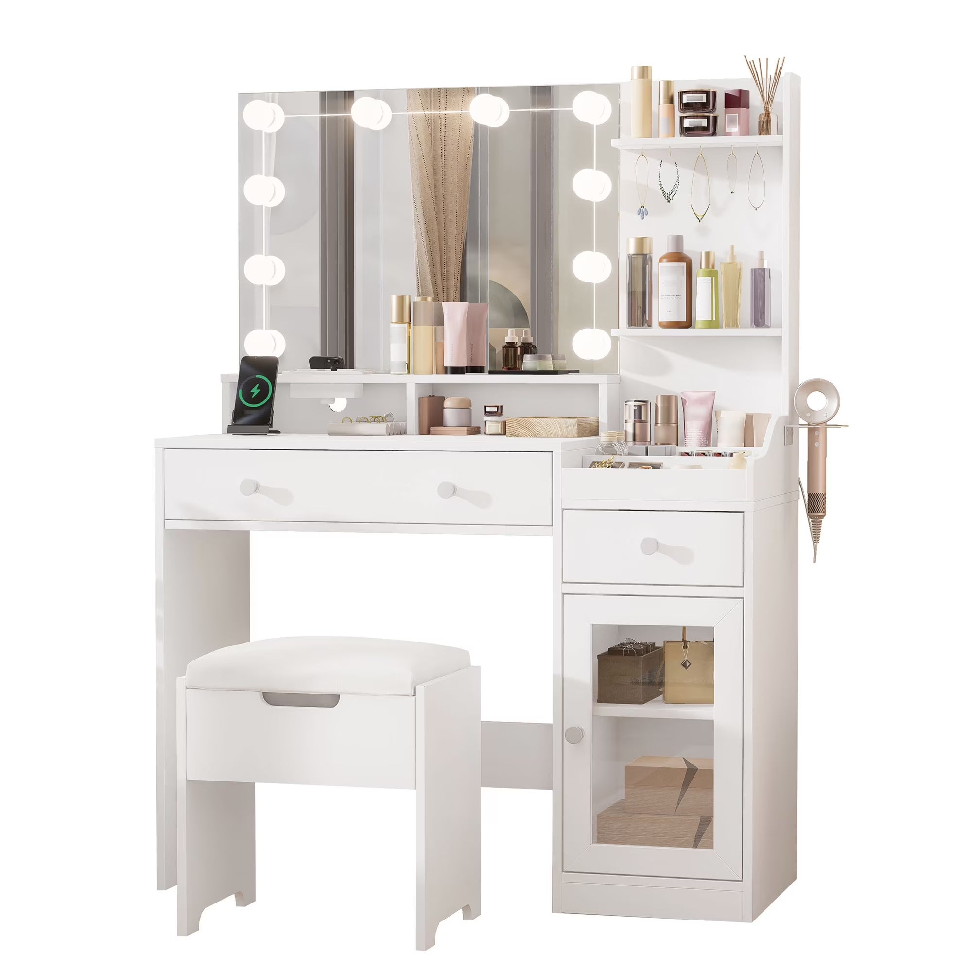 39.8" White Vanity Desk with Mirror and Lights, Modern Makeup Table with Charging Station and Storage