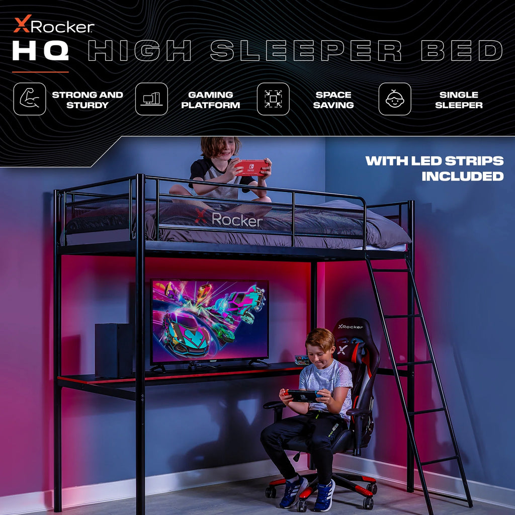 HQ Twin Gaming Bunk Bed with Built-In Shelving and LED Lighting, Black
