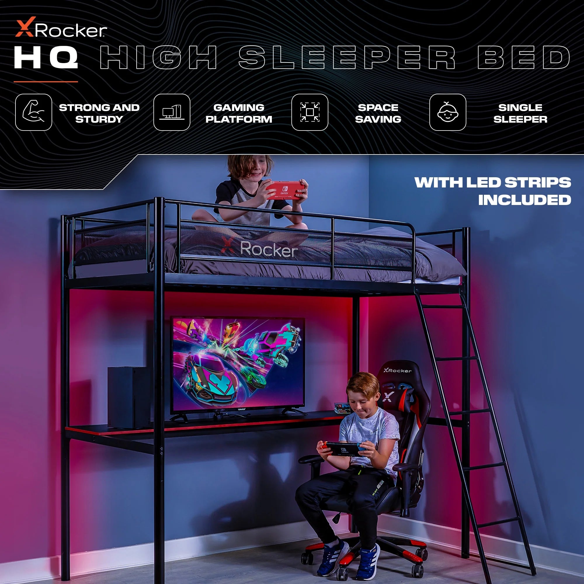 HQ Twin Gaming Bunk Bed with Built-In Shelving and LED Lighting, Black
