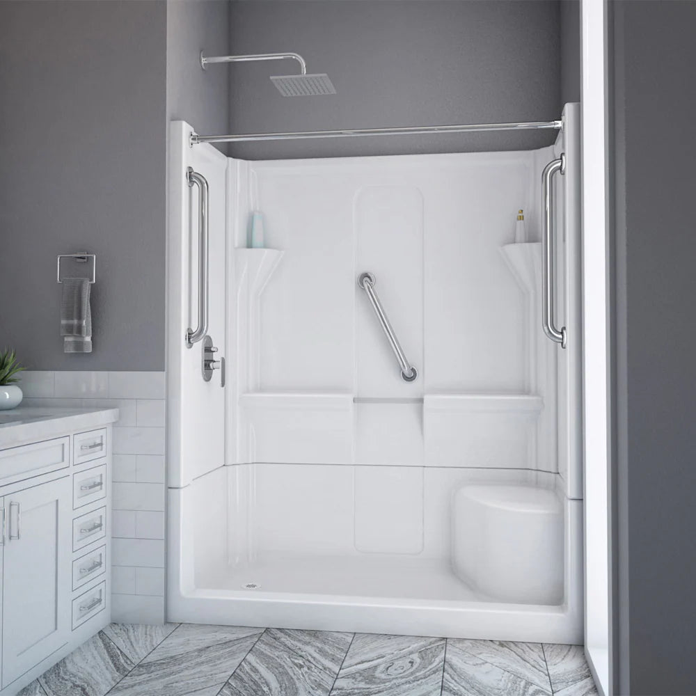 Almedia 4 -Piece 30-In W X 60-In L X 74-In H Rectangle Alcove Shower Kit ( Right Drain) with Integrated Seat Base and Wall Drain and Brushed Stainless Steel Hardware Included