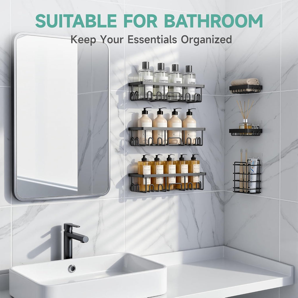 Shower Caddy 6-Pack, Advanced Rustproof Design, No Drilling Adhesive Shelves, Rack with Soap Holder, Large Capacity Bathroom Organizers and Storage, Wall-Mounted Kitchen & Home Decor