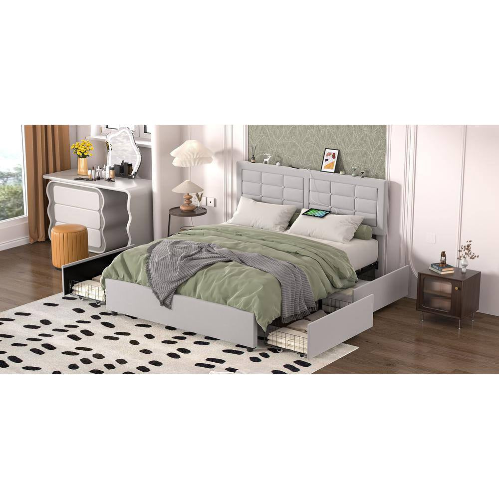 Upholstered Bed with 4-Drawers, Full Bed Frame, Light Gray Platform Bed with Headboard, Built-In USB and Type C Ports