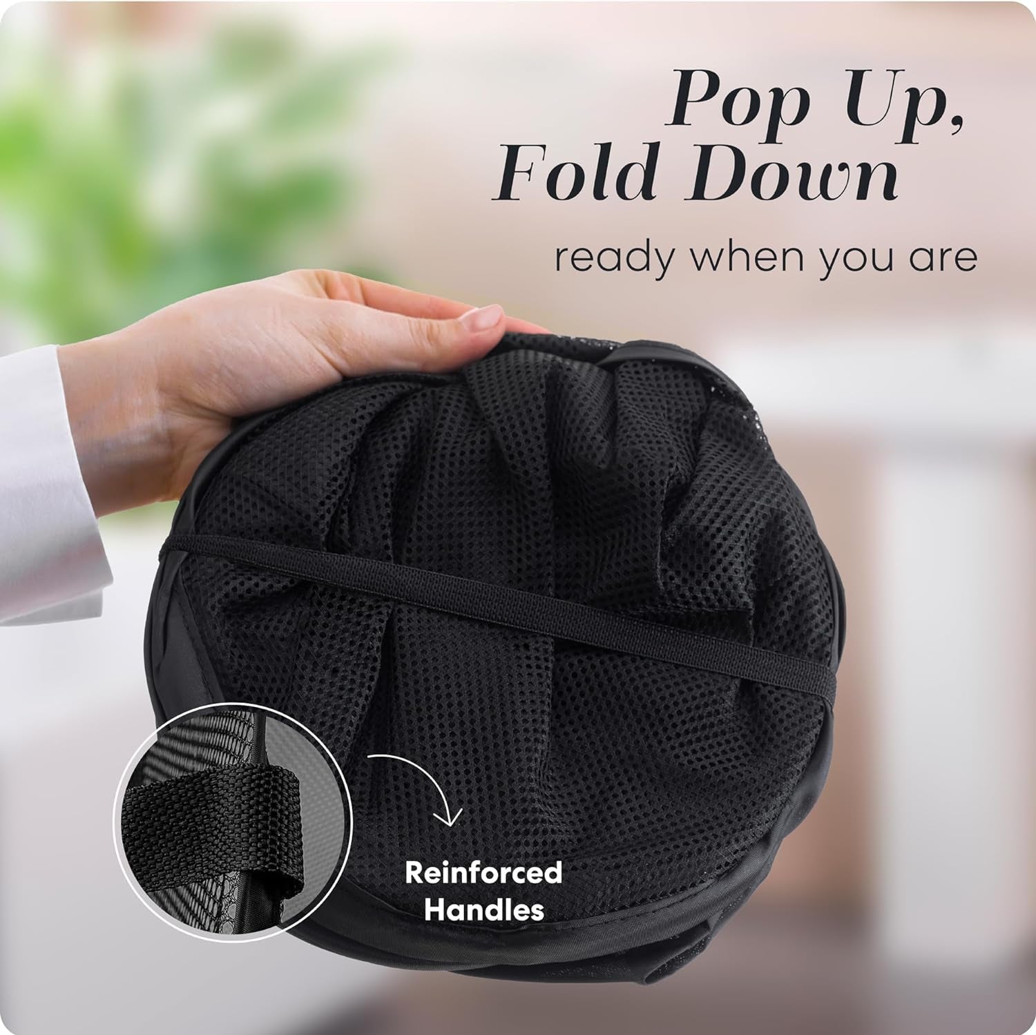 Collapsible Mesh Pop up Hamper with Wide Opening and Side Pocket - Breathable, Sturdy, Foldable, and Space-Saving Design for Clothes and Storage (Black)