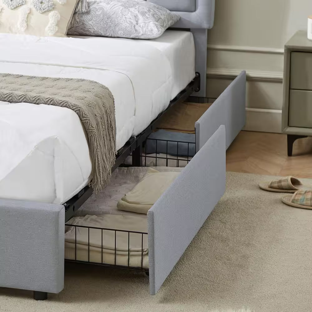 Upholstered Bed with 4-Drawers, Full Bed Frame, Light Gray Platform Bed with Headboard, Built-In USB and Type C Ports