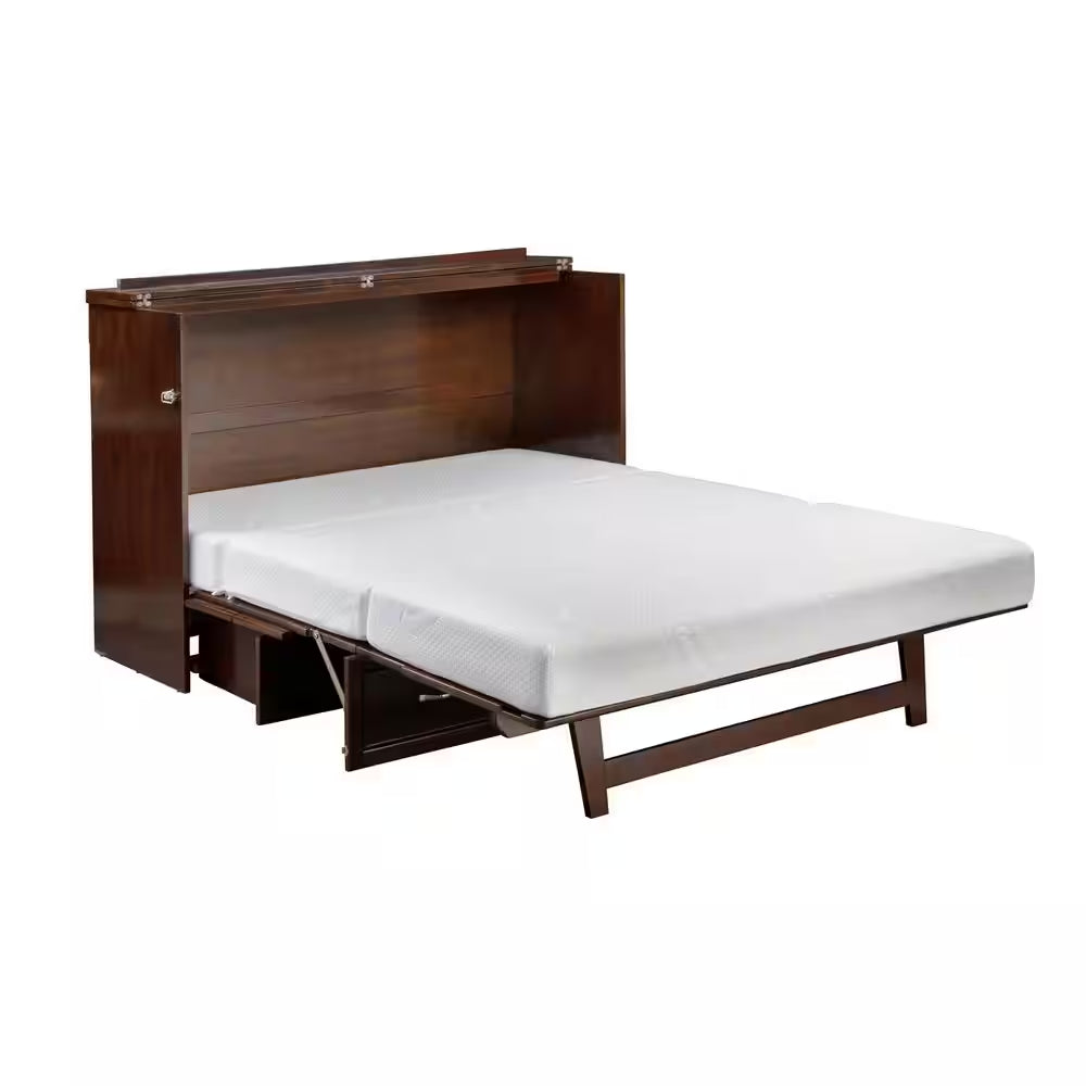 Deerfield Walnut Brown Wood Frame Queen Murphy Bed Chest with 6 In. Mattress, Storage Drawer and Built-In Charger