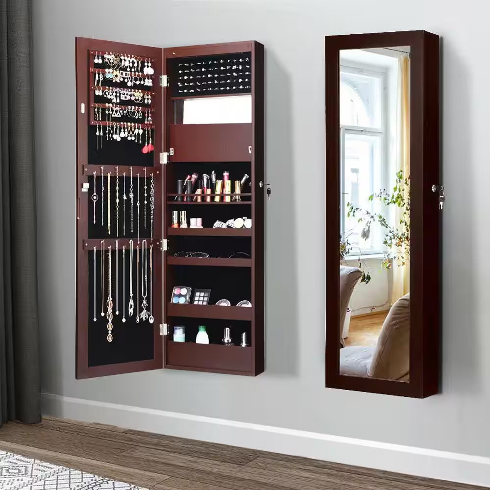 47 In. H X 14.5 In. W X 3.5 In. D Wall Door Mounted Lockable Jewelry Cabinet Armoire Organizer with LED Brown