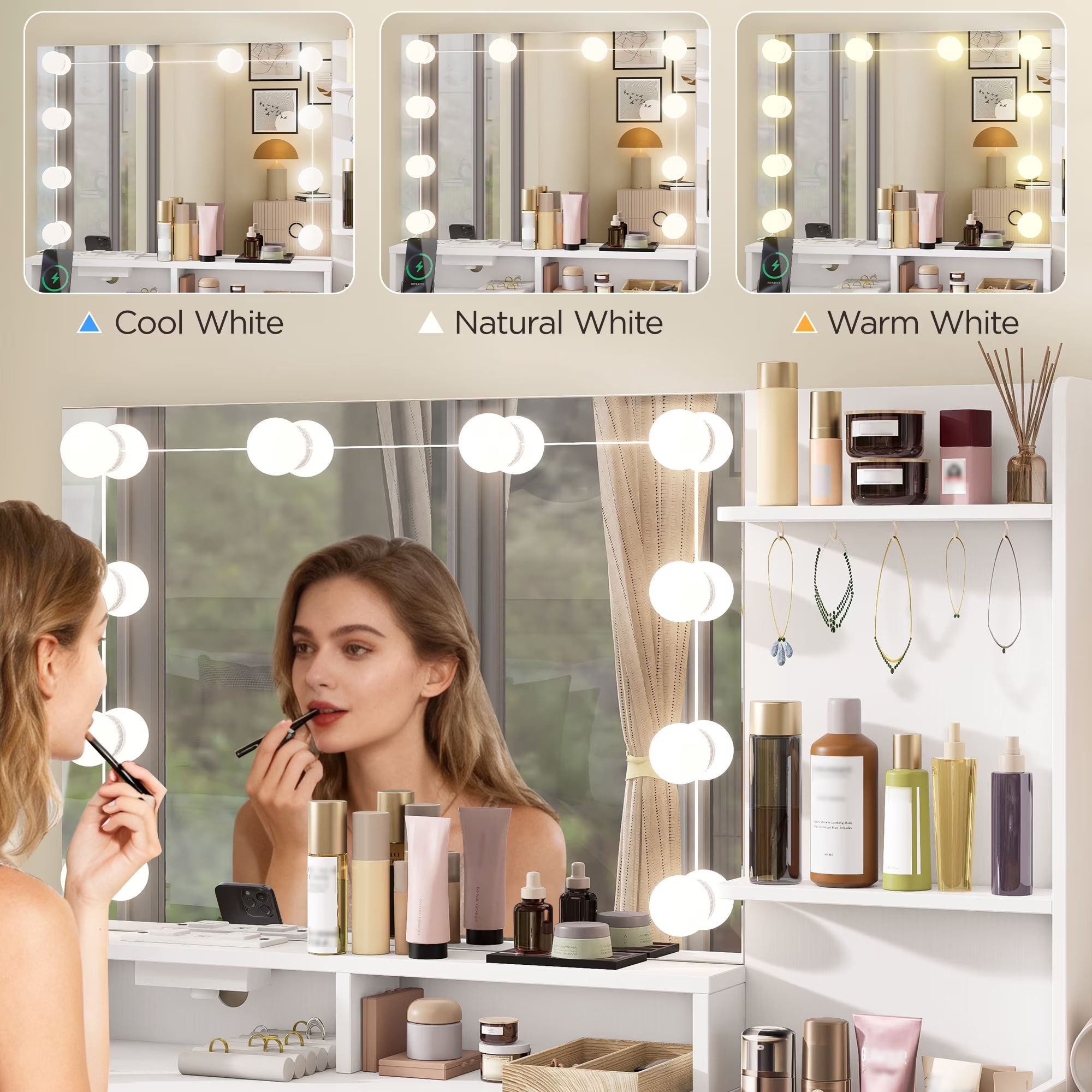 39.8" White Vanity Desk with Mirror and Lights, Modern Makeup Table with Charging Station and Storage