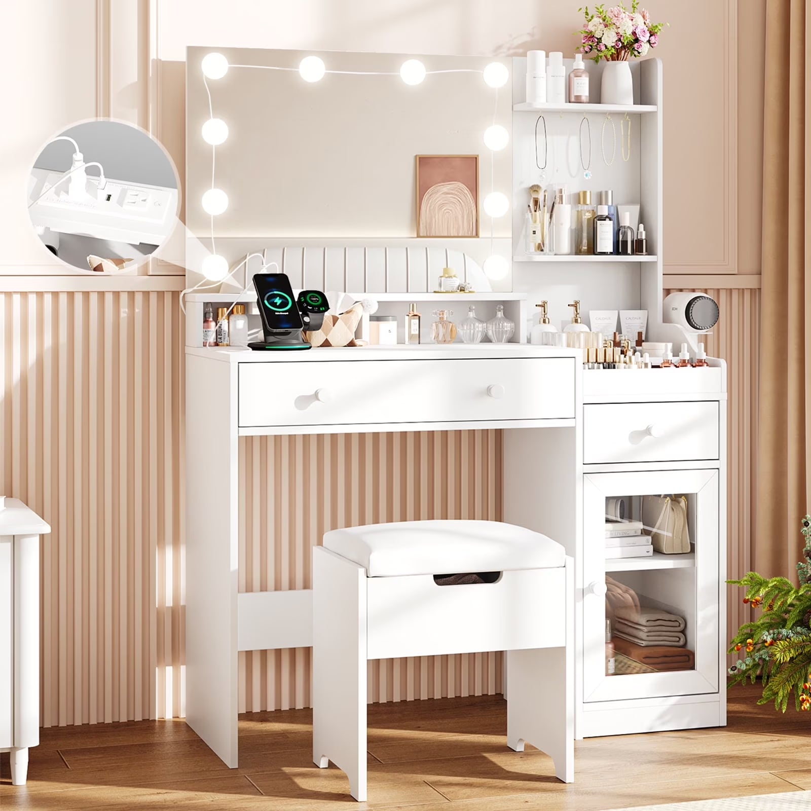 39.8" White Vanity Desk with Mirror and Lights, Modern Makeup Table with Charging Station and Storage