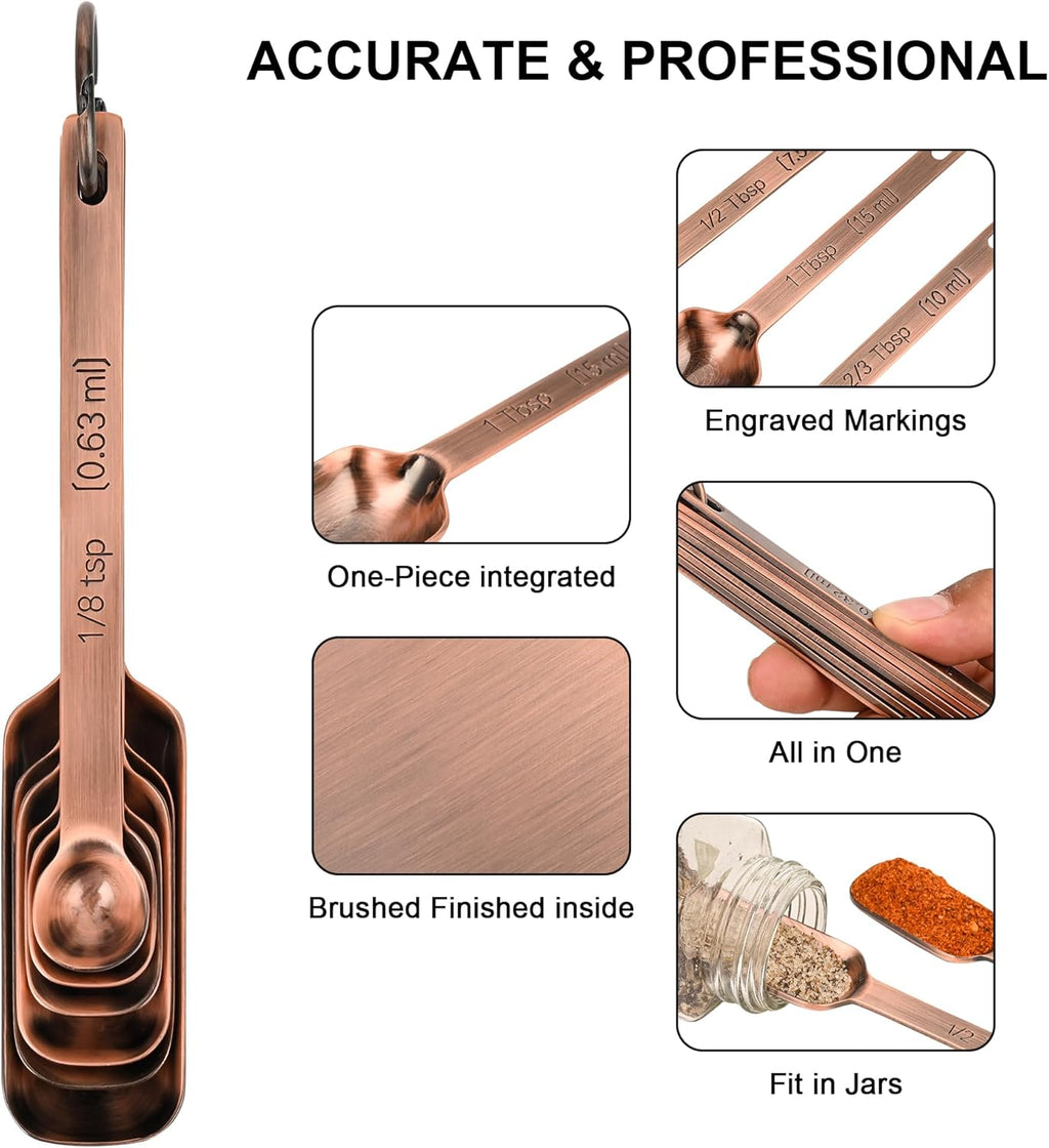 Copper Measuring Cups and Spoons Set of 18, 7 Measuring Cups, 9 Measuring Spoons, Stainless Steel Measuring Spoons and Cups for Dry & Wet Ingredients during Kitchen & Baking