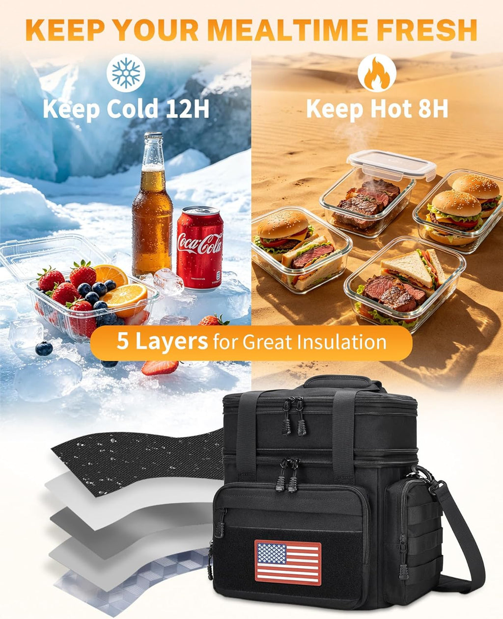 Tactical Lunch Box for Men, Insulated Lunch Bag Adult, Thermal Lunchbox Leakproof Waterproof Cooler Bag, Large Lunch Pail for Work Office Camping Travel (Black)