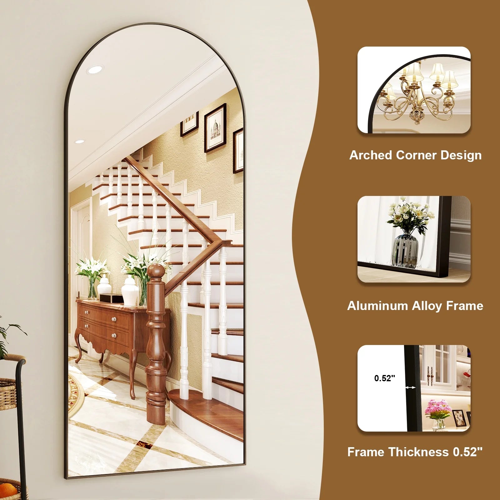76"X34" Oversized Arched Metal Framed Standing Mirrors, Black