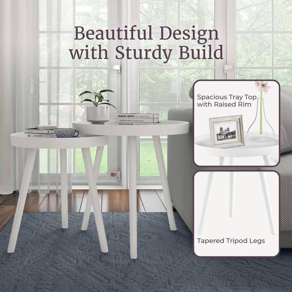 Round Wood End Tables, 21.5 in White Mid-Century Modern Nesting Side Tables, Accent Table Set with Tray Tops (Set of 2 )