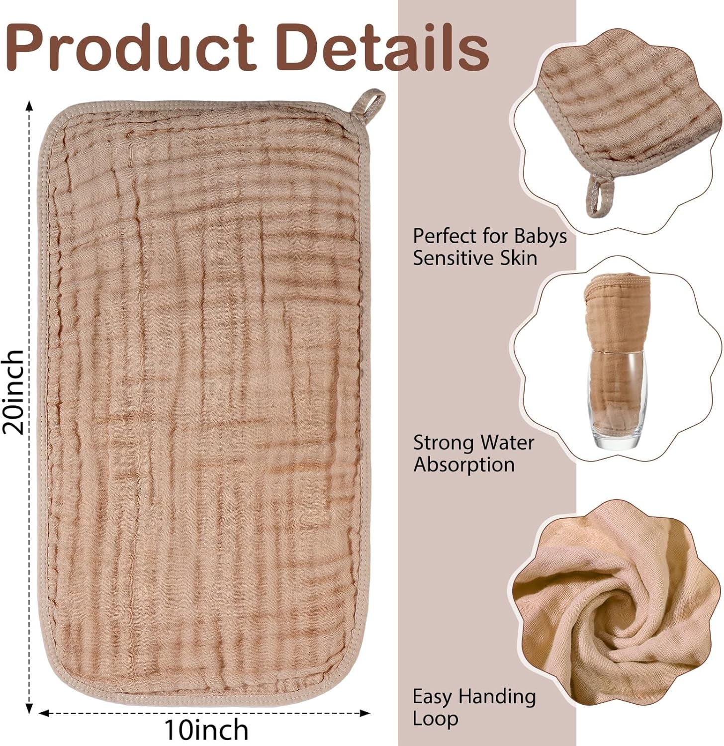 6 Pcs Baby Muslin Hooded Bath Towels and Washcloths Muslin Cotton Hooded Baby Towels Absorbent Blankets for Gift Newborn Infant Shower (32 X 32 Inch,Brown,Coffee)