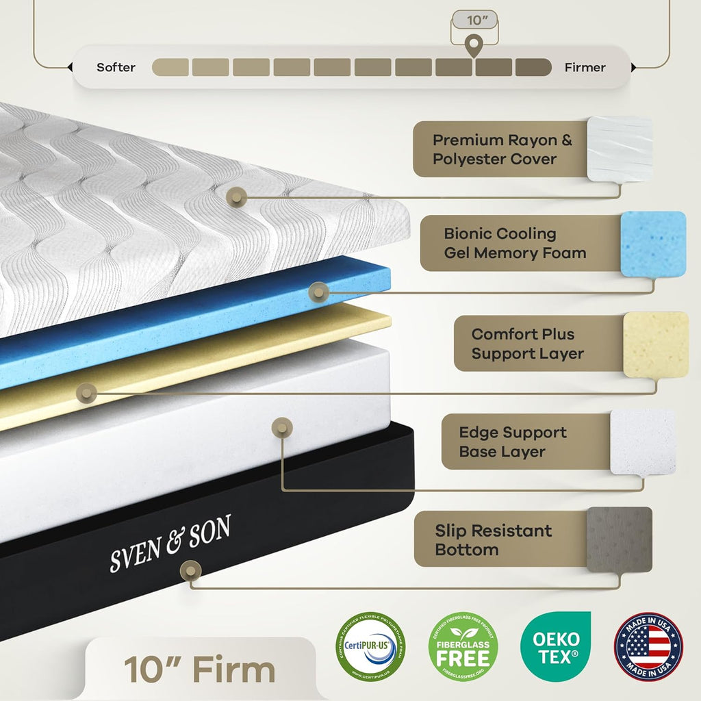Sven & Son Classic Adjustable Bed Base, Head and Foot Lift, Massage, Under-Bed Lights, USB, Gel Memory, Zero Gravity Smart Frame - Queen + 10 Inch Memory Foam Matt (Firm)