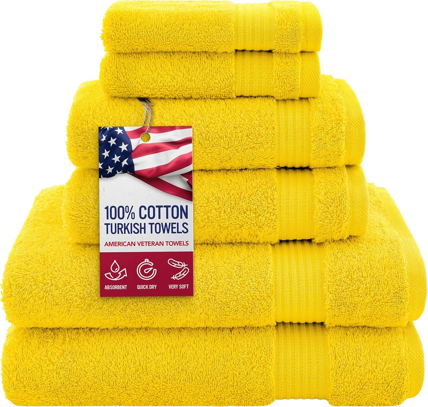 , 100% Cotton Turkish 6 Piece Towel Set, Luxury Towels Set of 6 for Bathroom Essentials, 2 Bath Towels 2 Hand Towels 2 Washcloths, Yellow