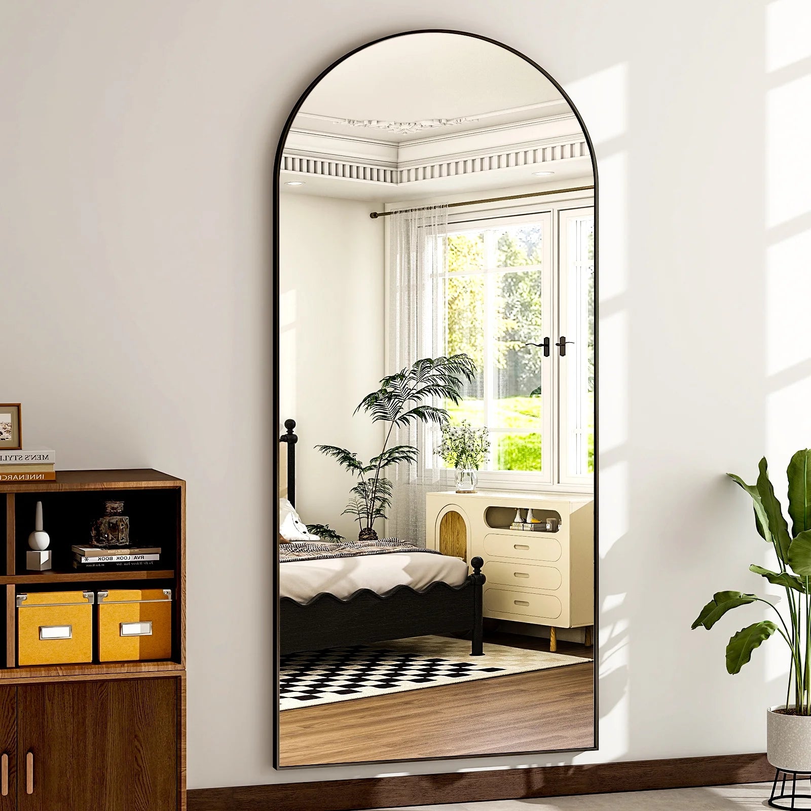 76"X34" Oversized Arched Metal Framed Standing Mirrors, Black