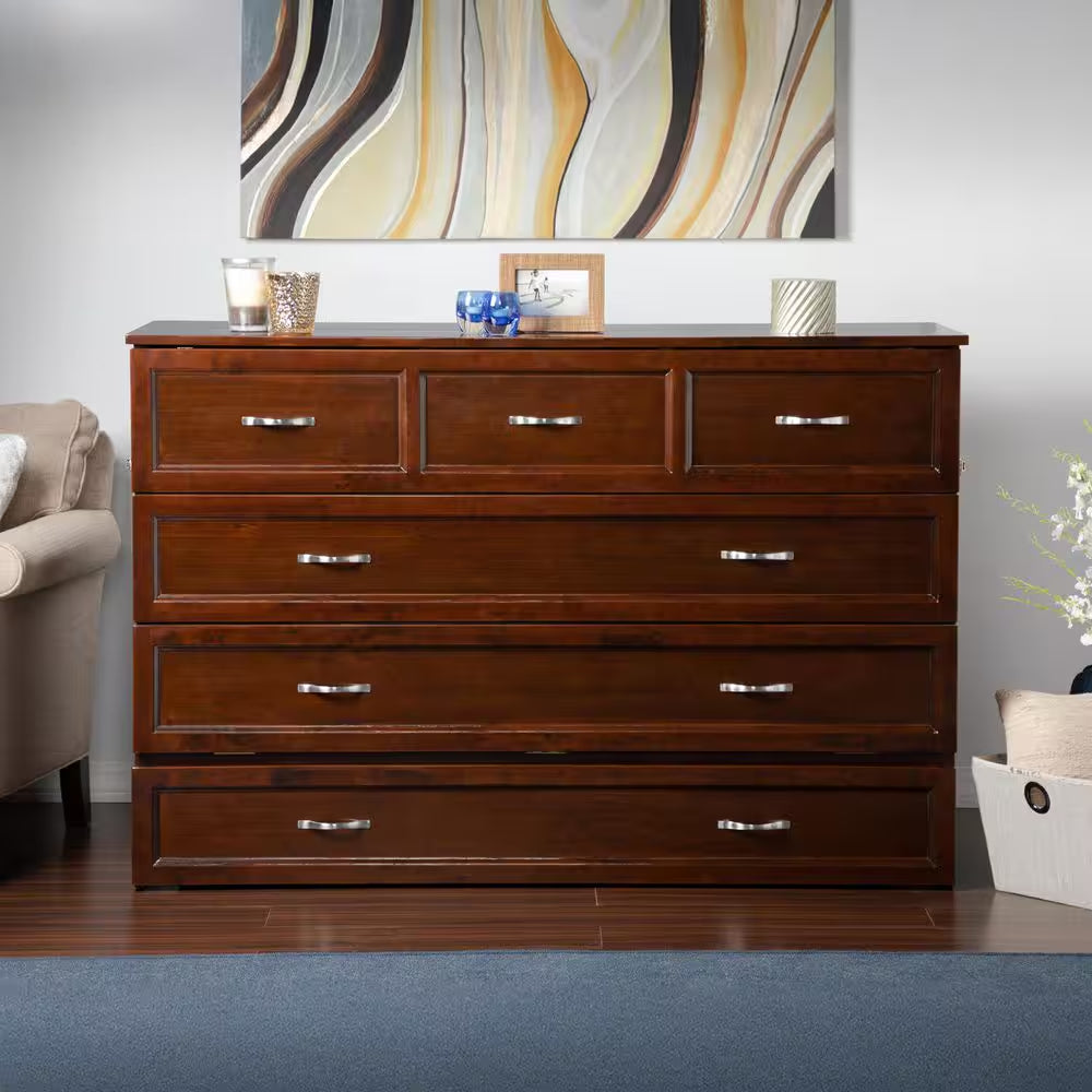 Deerfield Walnut Brown Wood Frame Queen Murphy Bed Chest with 6 In. Mattress, Storage Drawer and Built-In Charger