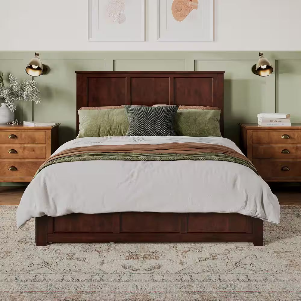 Madison Walnut Brown Solid Wood Frame Queen Platform Bed with Matching Footboard and Storage Drawers