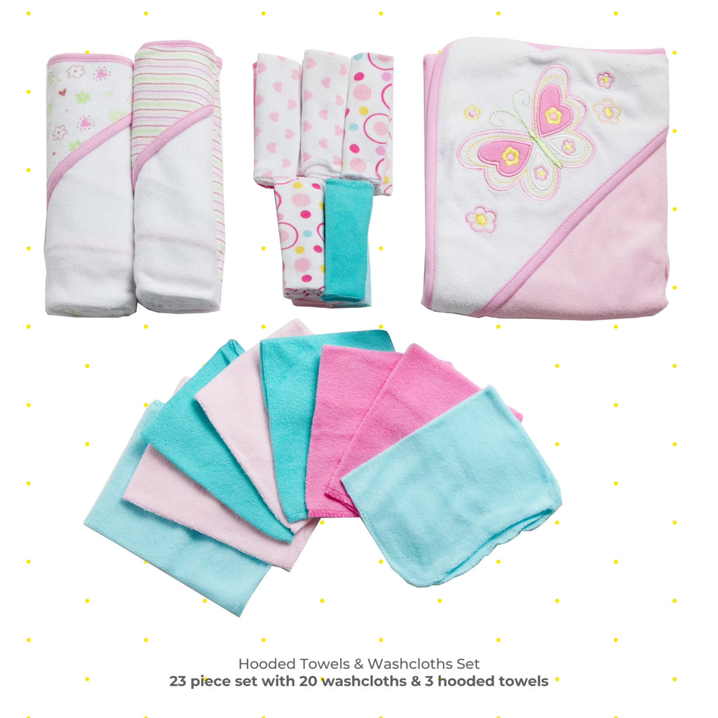Bath Hooded Towels & Washcloths Set for Babies, 23-Piece Gift Set, White Butterfly