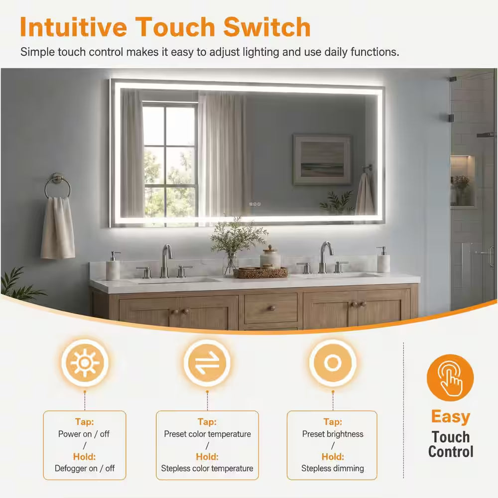 72 In. W X 36 In. H Rectangular Frameless LED Wall Bathroom Vanity Mirror