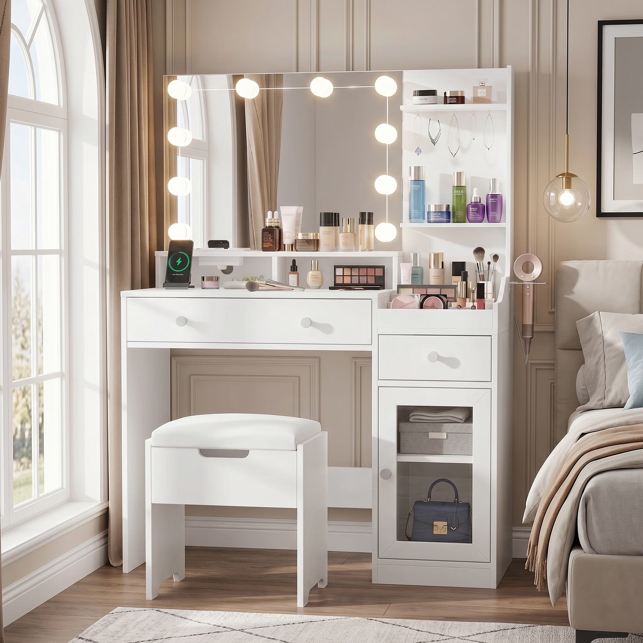 39.8" White Vanity Desk with Mirror and Lights, Modern Makeup Table with Charging Station and Storage
