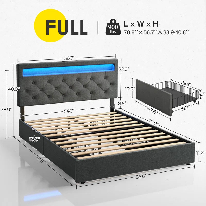 Upholstered Storage Bed with Adjustable Headboard, LED Lights and USB Power Strips