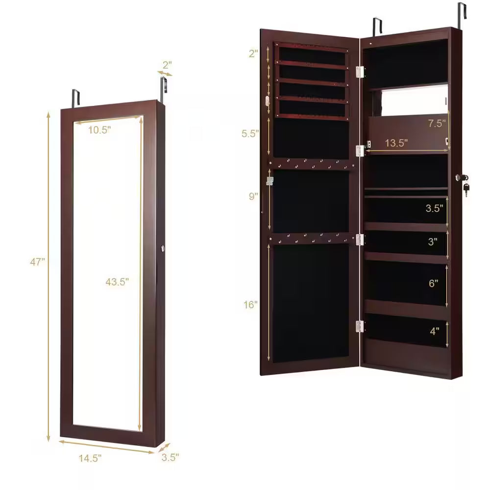 47 In. H X 14.5 In. W X 3.5 In. D Wall Door Mounted Lockable Jewelry Cabinet Armoire Organizer with LED Brown
