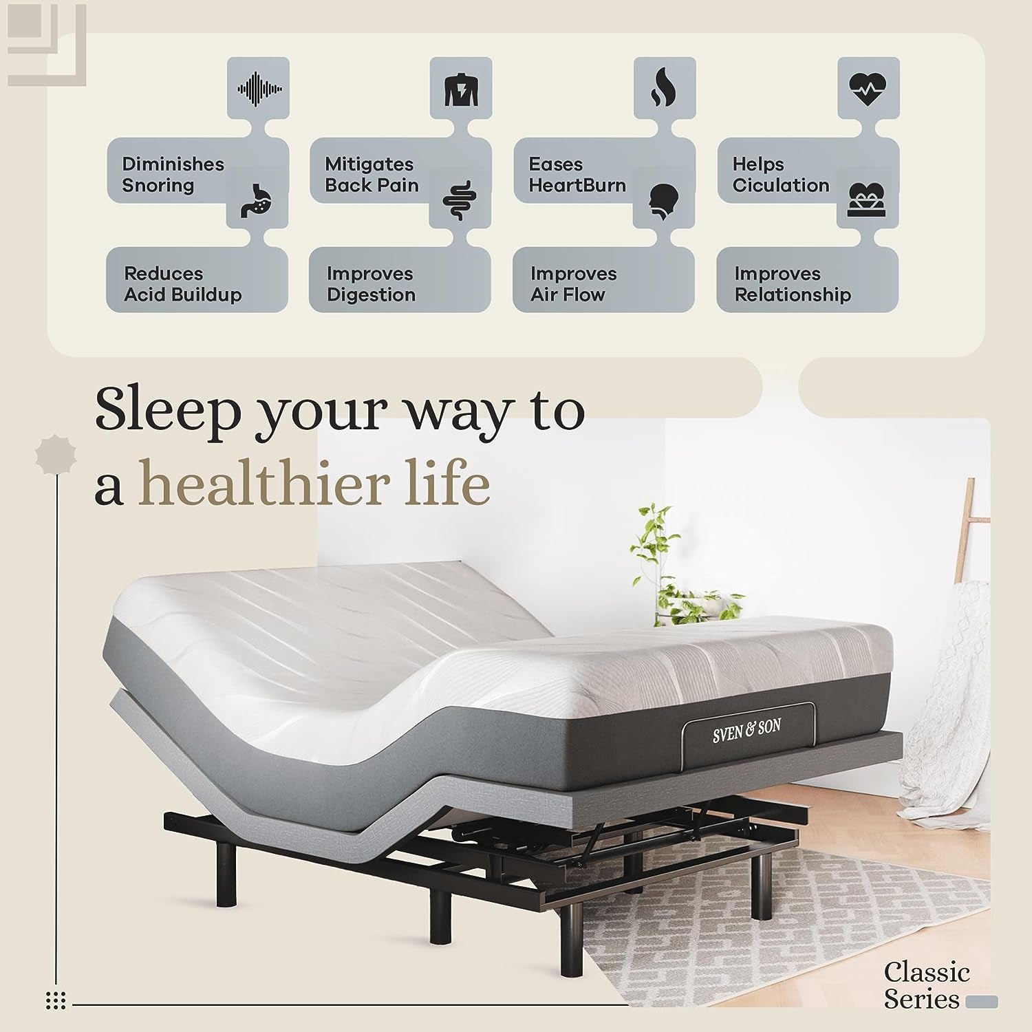 Sven & Son Classic Adjustable Bed Base, Head and Foot Lift, Massage, Under-Bed Lights, USB, Gel Memory, Zero Gravity Smart Frame - Queen + 10 Inch Memory Foam Matt (Firm)