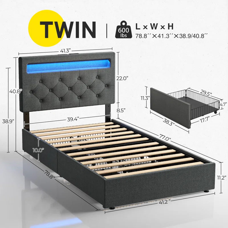 Upholstered Storage Bed with Adjustable Headboard, LED Lights and USB Power Strips