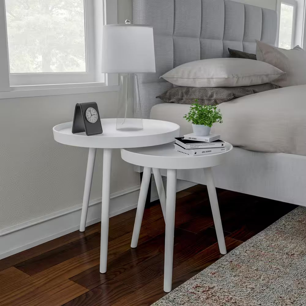 Round Wood End Tables, 21.5 in White Mid-Century Modern Nesting Side Tables, Accent Table Set with Tray Tops (Set of 2 )